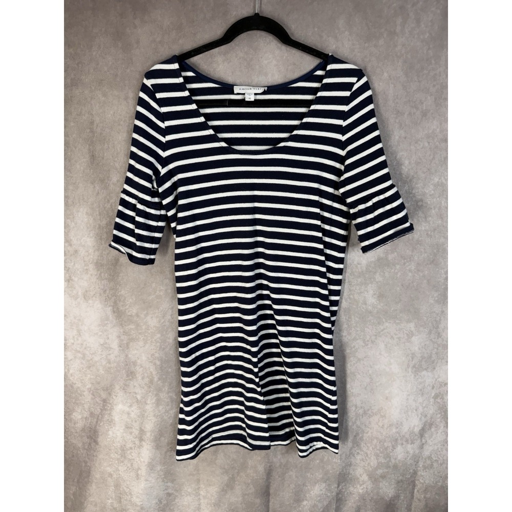 Amour Vert Striped Scoop Neck Ruffle Short Sleeve Shirt Dress In Blue Size XS